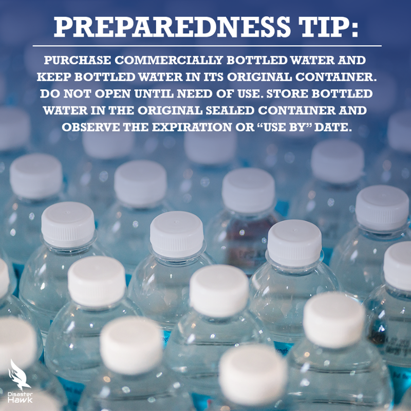 DisasterHawk's tweet image. Preparedness Tip:
Purchase commercially bottled water and keep bottled water in its original container. Do not open until need of use. Store bottled water in the original sealed container and observe the expiration or “use by” date.