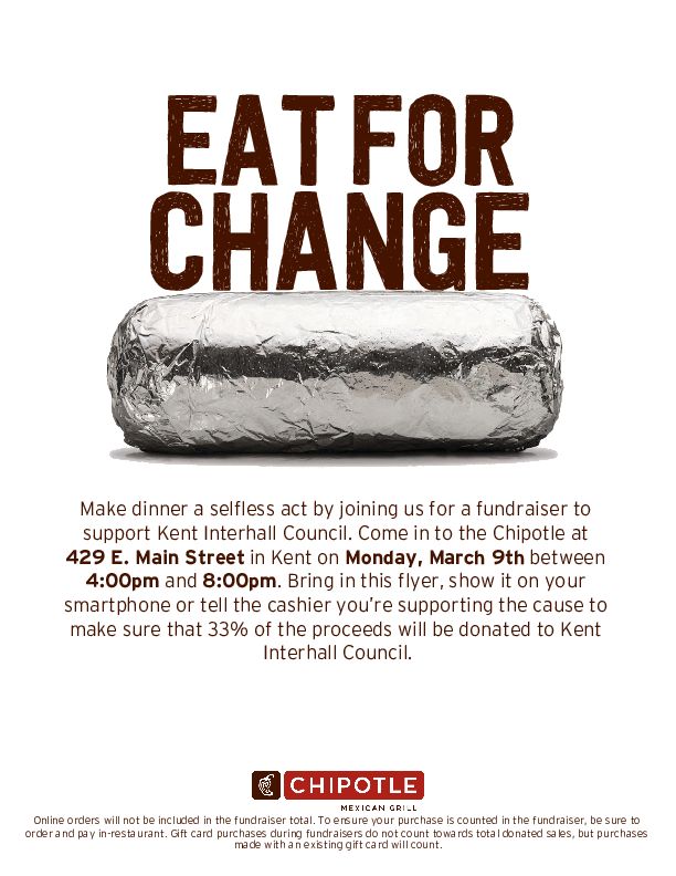 KentInterhall's tweet photo. Ever wish Chipotle had greater meaning to life? Well now it does, for one night only come dine-to-donate with KIC. Proceeds benefit cacurrhh and nacurhh to send students to represent KSU. #KIC #KentInterhall #KSU #KentState #Fundraiser https://t.co/3dUx2QINSR