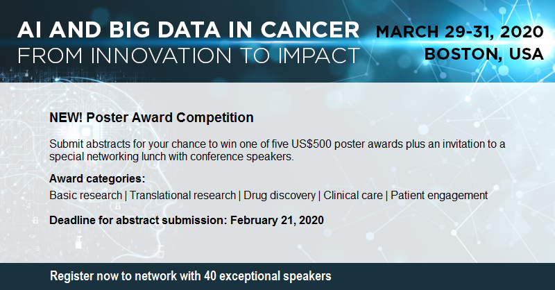 AI and Big Data in Cancer (@aicancer2020) on Twitter photo Poster competition: Five awards will be presented by Nobel Laureate James Allison and Ned Sharpless <a href="/NCIDirector/">Dr. Kimryn Rathmell</a> at #AICancer2020. Plus selected authors will be invited to a networking lunch. Submit abstracts by Feb 21 for your chance to win. bit.ly/AICancer2020. Poster competition: Five awards will be presented by Nobel Laureate James Allison and Ned Sharpless <a href="/NCIDirector/">Dr. Kimryn Rathmell</a> at #AICancer2020. Plus selected authors will be invited to a networking lunch. Submit abstracts by Feb 21 for your chance to win. bit.ly/AICancer2020.