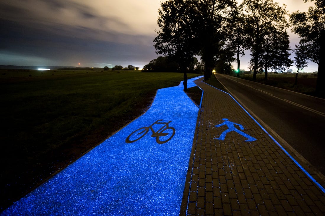 The Polish town of Lidzbark Warminski has a unique new way of constructing bike lanes: It makes them glow in the dark. 
<a href="/DubCityCouncil/">Dublin City Council</a> maybe we could look at this for a pilot?