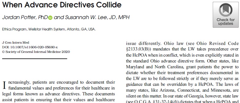 JournalGIM's tweet photo. What should have authority when conflict arises between a patient’s
#advancedirective &amp; surrogate? @JPotterEthics &amp; @susannahwlee from
@WellStarHealth argue for changes in #Georgia law to address this #bioethics
problem https://t.co/EC3OtVW7kP https://t.co/W6jB3hL7CH