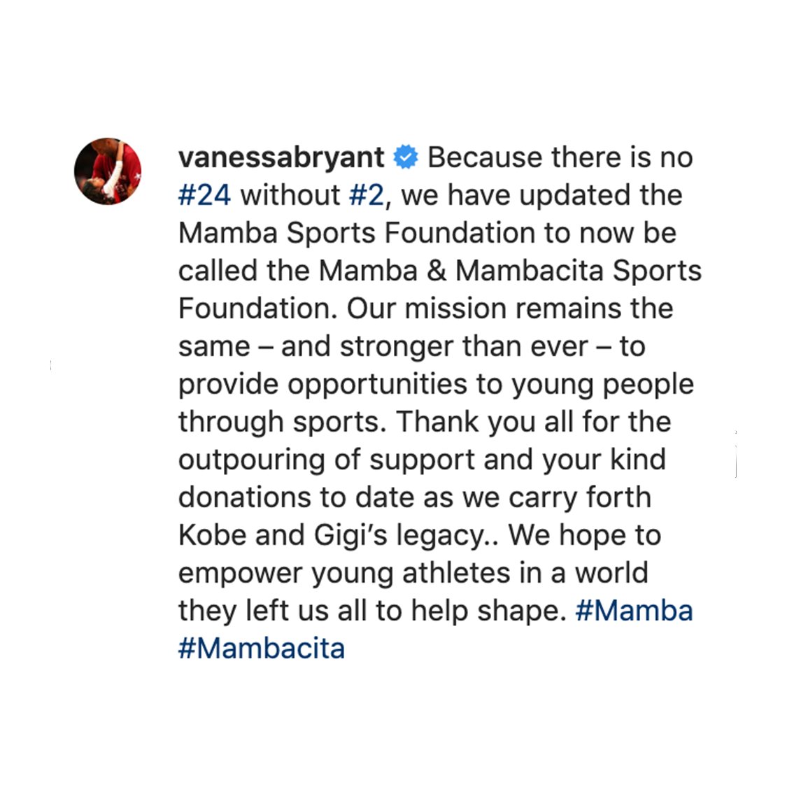 SportsCenter's tweet photo. The Mamba Sports Foundation has updated its name to "The Mamba &amp; Mambacita Sports Foundation," Vanessa Bryant announced on Instagram.

"Because there is no #24 without #2 ..." https://t.co/LVrPAMozsq