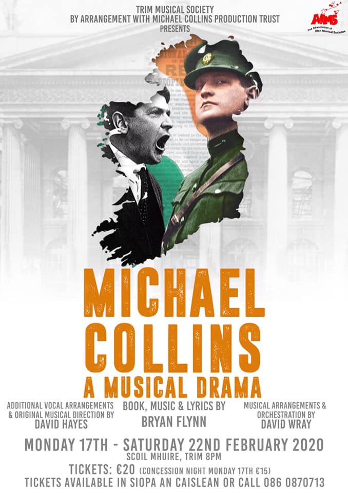 aims_pro's tweet photo. Best of Luck @TrimMusical with Michael Collins-a Musical Drama which runs from Monday 17 to Saturday 22 of February. Raise a toast to them as they will awaken every heart in the audience with this stunning show. #flyalong #raiseatoasttickets #DebateTalent x๐ https://t.co/XDlNFfGoYp