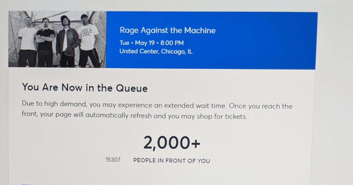 AmeetRKini's tweet photo. Yikes, "15307 people in front of you" 😱
#RATM #RATM2020 #RageAgainstTheMachine https://t.co/tx0rhOUI6g