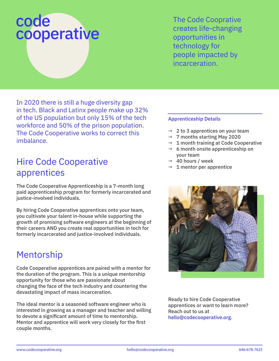 NYC Tech! 

Announcing the <a href="/CodeCooperative/">Emergent Works (fka. Code Cooperative)</a> Apprenticeship. A 7-month paid tech apprenticeship for formerly incarcerated &amp; justice-involved folks ✊

Looking for tech company partners to hire &amp; mentor apprentices starting June 2020. 

Plz RT &amp; share widely 🙏