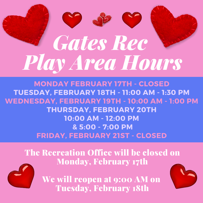 Next week during the Winter break (February 17th - 21st), our public open hours will be limited.  Here is our schedule of availability!
We will resume our normal hours on Monday, February 24th.
#gatesrec #gatesrecreation