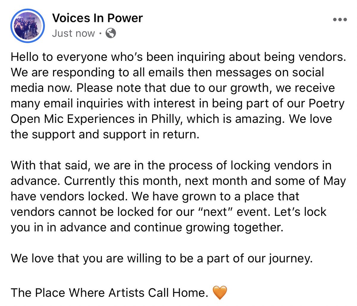 PSA for all those inquiring about being a vendor at our monthly Poetry Open Mic Experience in Philly. 🧡

This is good. This is growth.
