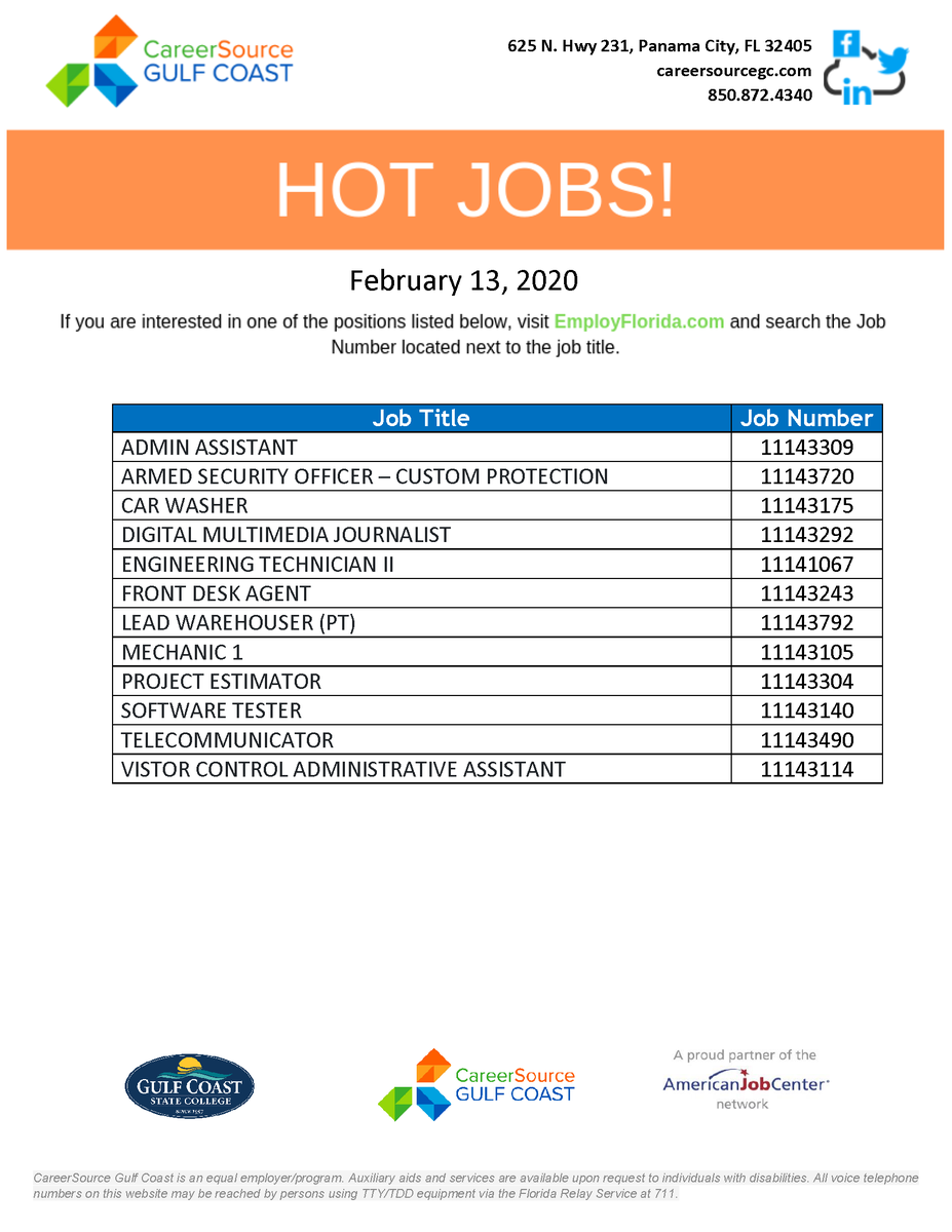 🔥#dailyhotjobs🔥

To view positions &amp; apply, visit EmployFlorida.com.
.
.
.
#careersourcegc #employflorida #workforce #jobseeker #employ850