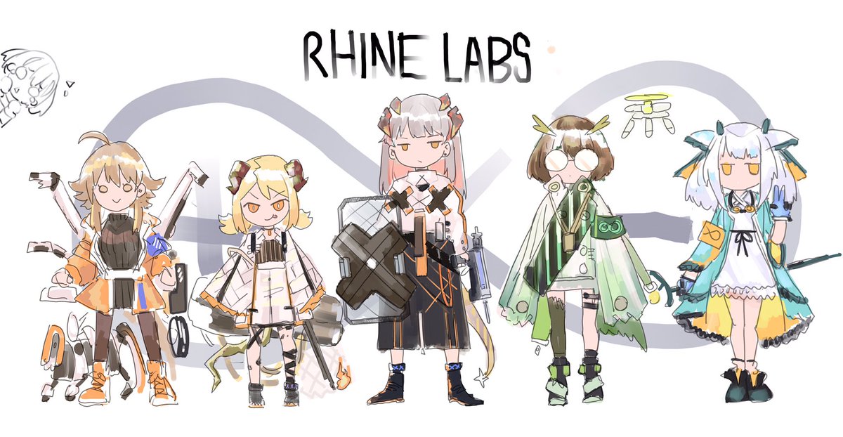 ifrit (arknights) ,saria (arknights) ,silence (arknights) multiple girls owl ears horns feather hair 6+girls glasses brown hair  illustration images