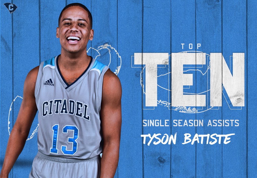 Last night, point guard Tyson Batiste moved up into the top 10 in program history for single-season assists! He currently boasts 131 and is tied for 10th! 

#CitadelMBB