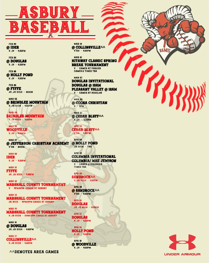 Rams’ 2020 Baseball Schedule. First pitch flies 2/24/2020 against the Ider Hornets!! #RamNation #BasesBatsandBalls <a href="/AHS_Rams/">Asbury High School</a> @DranRTR <a href="/eric_rainer/">Eric Rainer</a> <a href="/strange_dnger26/">Josh Strange</a> <a href="/KellyKennamer/">Kelly K. Godwin</a> @CP_AHSRams <a href="/pahgee1/">Paige A. Pelham</a> <a href="/smrsports/">Sand Mountain Sports</a> <a href="/AdvertiserGleam/">AdvertiserGleam</a> 

Ram Design Credit : John Grimes-Grimes’ Designs