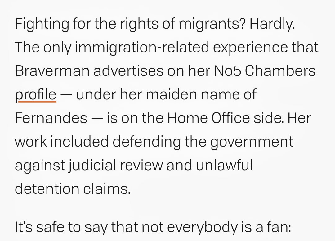 I know I said I'll stop, but just saw this  @freemovementlaw post, so indulge me.I had seen references to Suella Braverman's immigration law work and found it hard to believe. Now it makes sense. She acted for the government, opposing judicial review & unlawful detention claims.