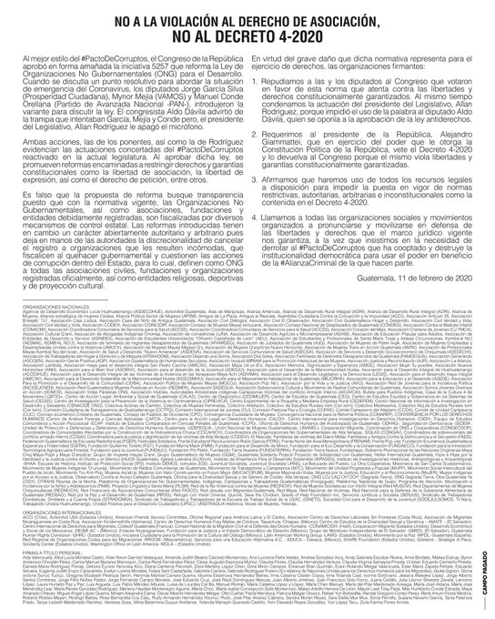 La aprobacion de la iniciativa 5275, instrumento creado por delincientes corruptos en el <a href="/CongresoGuate/">Congreso Guatemala</a>  nos impide hacer prevalecer nuestros derechos a ser escuchados y la realizacion de auditoría social mediante acciones colectivas.Rechazamos de manera contundente.