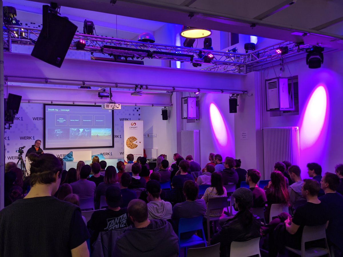 TalkAndDev's tweet photo. Kicking-off #TalkAndDev with a talk by @Wolpertinger about "You died. How to increase the slim chances of surviving the indiepocalypse". https://t.co/wwbwdqWNLP