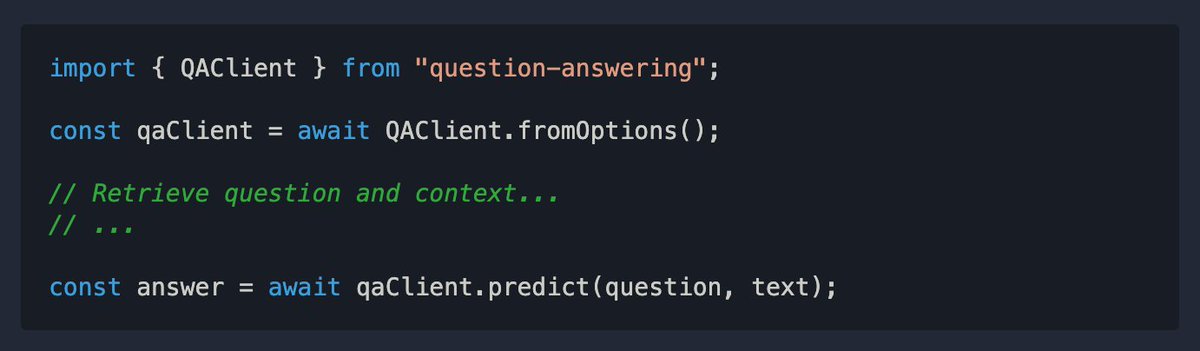 Hugging Face (@huggingface) on Twitter photo 👋 To all JS lovers: NLP is more accessible than ever! You can now leverage the power of DistilBERT-cased for Question Answering w/ just 3 lines of code!!! 🤗
You can even run the model remotely w/ the built-in <a href="/TensorFlow/">TensorFlow</a> Serving compatibility 🚀
github.com/huggingface/no… 👋 To all JS lovers: NLP is more accessible than ever! You can now leverage the power of DistilBERT-cased for Question Answering w/ just 3 lines of code!!! 🤗
You can even run the model remotely w/ the built-in <a href="/TensorFlow/">TensorFlow</a> Serving compatibility 🚀
github.com/huggingface/no…