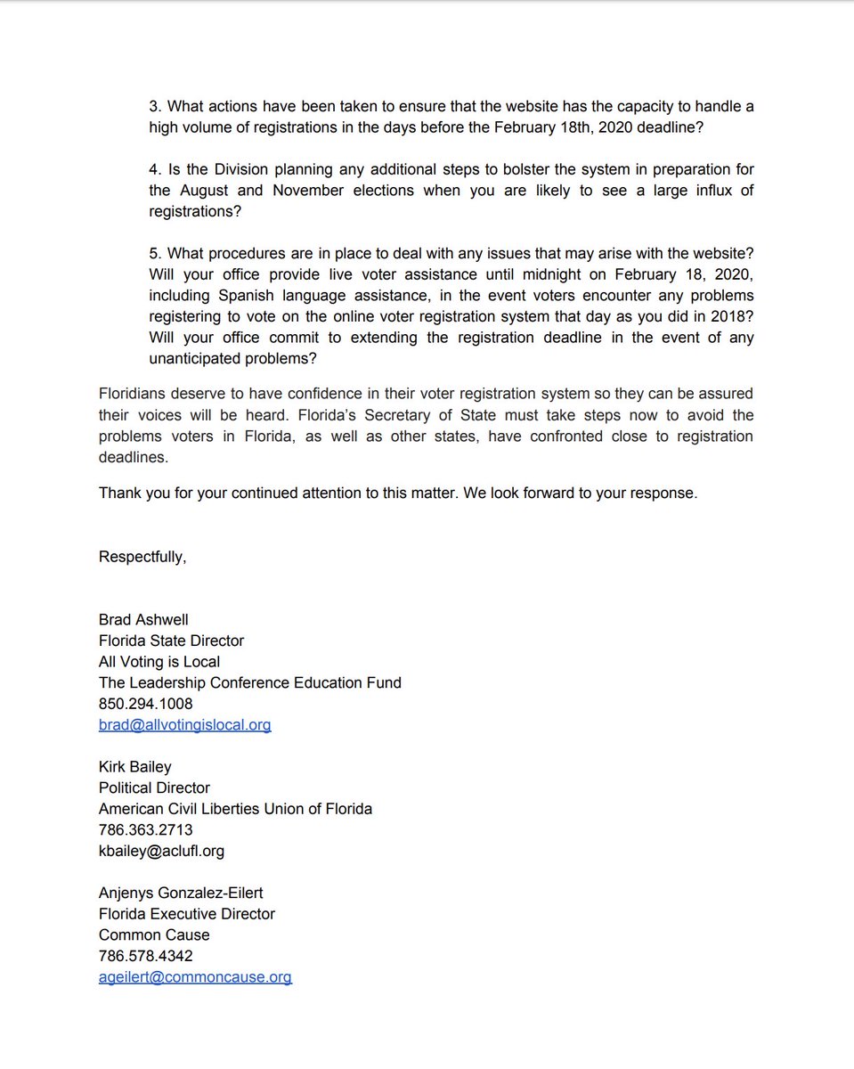 Screenshot of page 3 of the letter from a coalition of voting rights groups to the Florida Secretary of State. The full text can be found at the link in the original tweet.