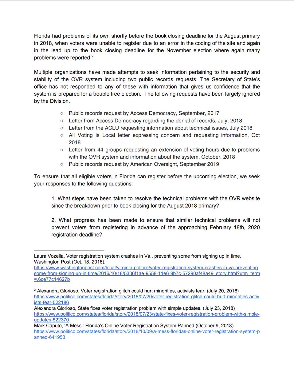 Screenshot of page 2 of the letter from a coalition of voting rights groups to the Florida Secretary of State. The full text can be found at the link in the original tweet.