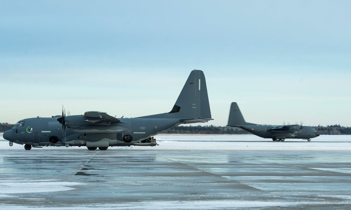 AFSpecOpsCmd's tweet photo. How about a double #C130Thursday? 😎
A U.S. Air Force AC-130J Ghostrider taxis on a flightline as a French Air Force C-130 lands at Alpena Combat Readiness Training Center, Michigan, during Emerald Warrior 20-1, Jan. 21, 2020.
@usairforce https://t.co/PCrhaxqfZN