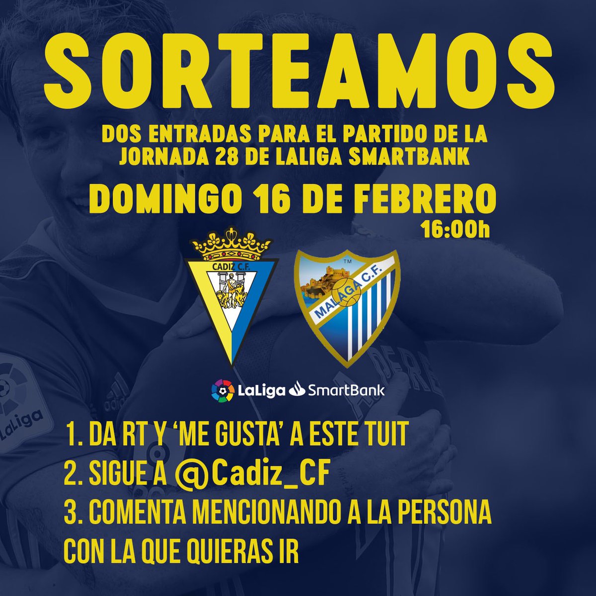 💛💙 ¡SORTEAZO CADISTA!

¿Quieres ir GRATIS al #CádizMálaga de este domingo? 

1️⃣ Da RT y 💛 a este tuit
2️⃣ Asegúrate de seguir nuestra cuenta <a href="/Cadiz_CF/">Cádiz Club de Fútbol</a> 
3️⃣ Menciona a la persona con la que te gustaría ir