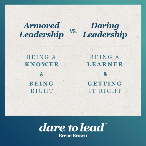 It’s not fear that gets in the way of daring leadership; it’s armor. When things get tough, do we lean in to vulnerability and get curious, or do we self-protect in ways that move us away from our values? Read more here: bit.ly/2SAZ5Y0