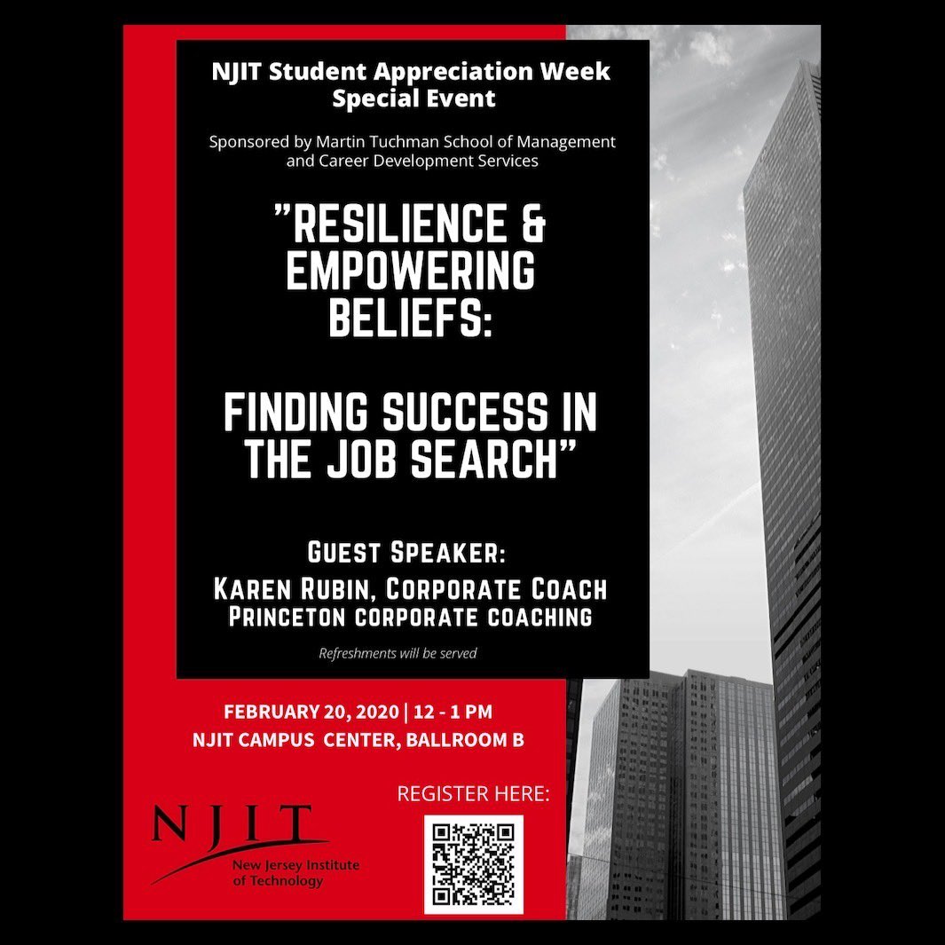 We wouldn’t be who we are without you! Take some time off next week to celebrate with your #mtsmfamily! Join us for this special session on finding success in job search! #tuchmanstrong #studentappreciation #corporatecoaching #njit