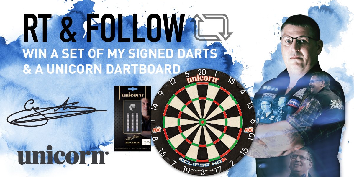 #WIN! Simply RT this post & follow @UnicornDarts to win a signed set of @GaryAnderson180 #darts and a Unicorn Eclipse HD2 dartboard! Winner chosen 17/02/2020 #Competition #RTtoWin #Unibet180 #Giveaway #EntertoWin