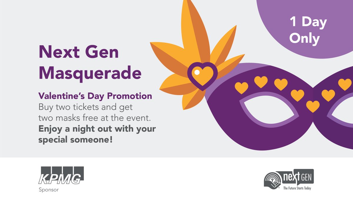 nextgenkfla's tweet photo. Happy #ValentinesDay! Looking for a last minute gift? or planning a future date night? For today only when you buy 2 tickets to the @nextgenkfla Masquerade, you'll get 2 masks FREE at the event! https://t.co/ZOXvRb6vUM https://t.co/2YgmZEpqOG