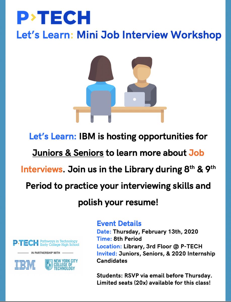 PathwaysInTech's tweet image. 2020 Internships are almost here!

Thank you to our students who attended today’s student led, #MiniJobInterviewWorkshop: Today we tackled a few critical #jobinterview practices including FAQ and dressing for success!

Shout-out to our student leaders, Selah &amp;amp; Jordan!
