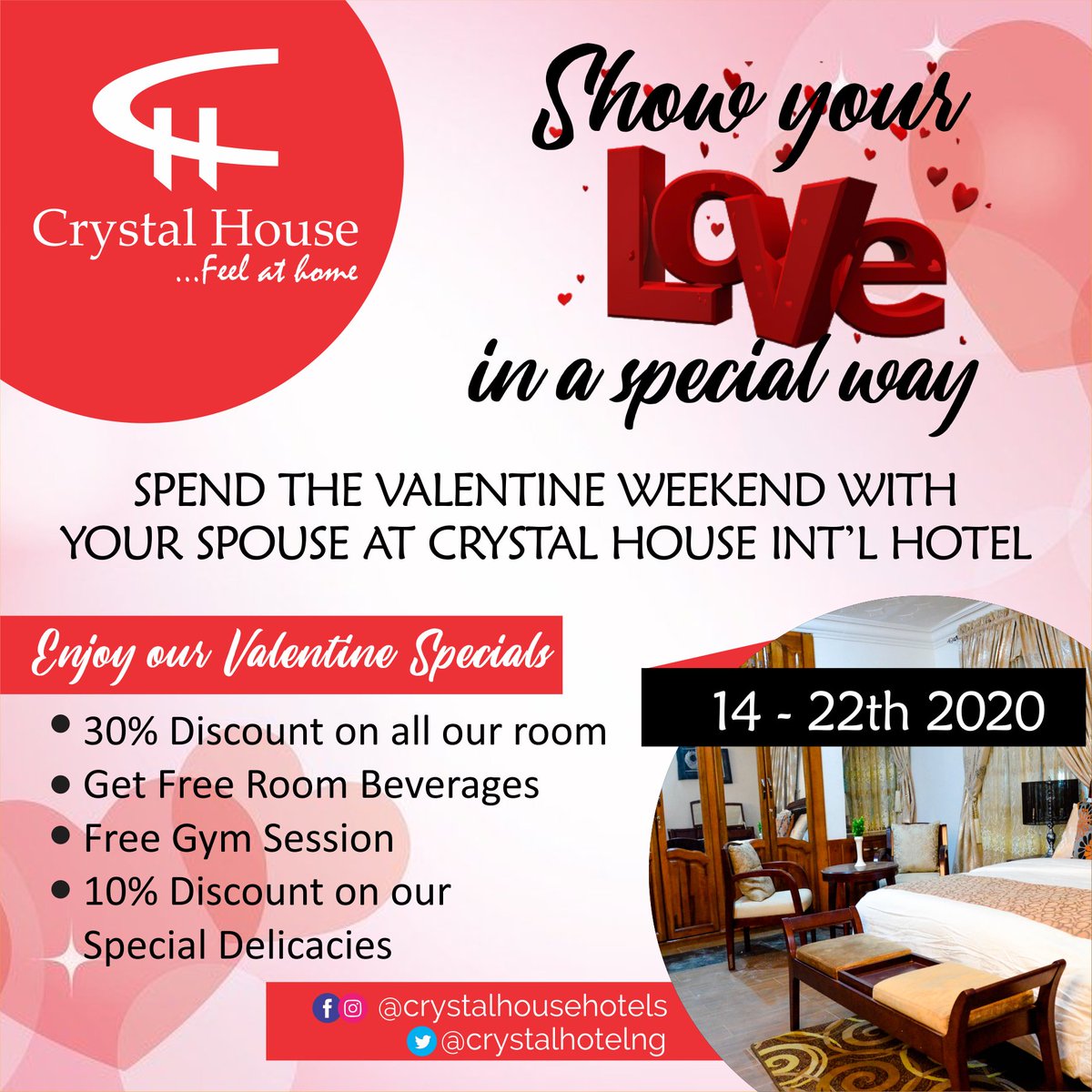 crystalhotelng's tweet photo. Visit @crystalhotelng 28, Sulu Gambari Road, GRA, Ilorin to enjoy this whooping offer. We hope to Lit up your #ilorinvalentine weekend.
#Valentines #ValentineIsComing
#couples #Enjoy #ValsFlex #ilorinvalentine #crystalhouse #hospitality https://t.co/f92d7wh0IV