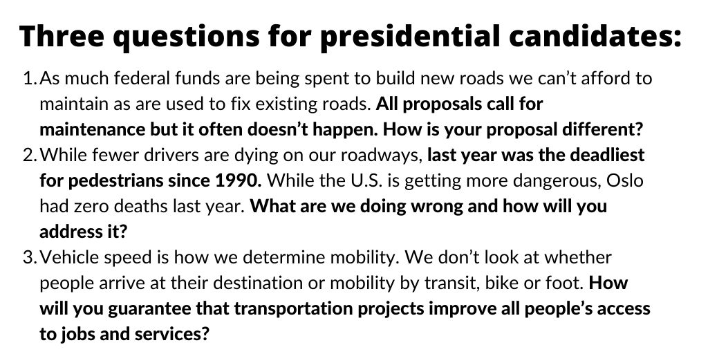 T4America's tweet image. The billions we spend are not fixing transportation. Money isn’t the problem. 

It&apos;s time presidential candidates answered policy questions at the #UnitedforInfrastructure forum. Here are ours: 

What are yours? Add them by quote-tweeting our tweet!