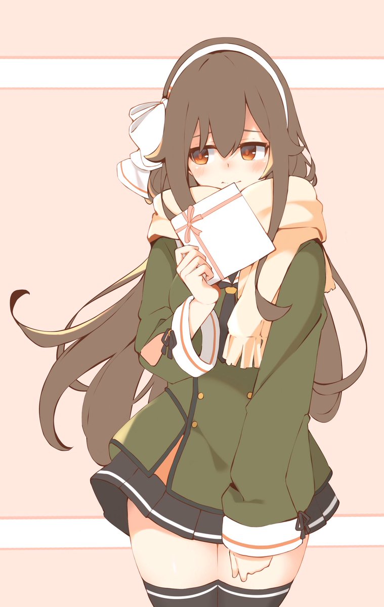 1girl long hair solo thighhighs scarf black thighhighs brown hair  illustration images