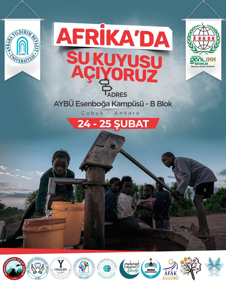 Yüce Allah şöyle buyurmuştur: "Ey Ademoğlu, sen infak et, ben de sana infak edeyim!"
(Buhari, Nafakât,1)

#AYBÜAfrikadaSuKuyusuAçıyor

etiketiyle öğrenci kulüpleri olarak önceki dönem birincisini tertip ettiğimiz kermesimizin bu dönem ikincisini tertip ediyoruz! Şuurumuz aynı.
