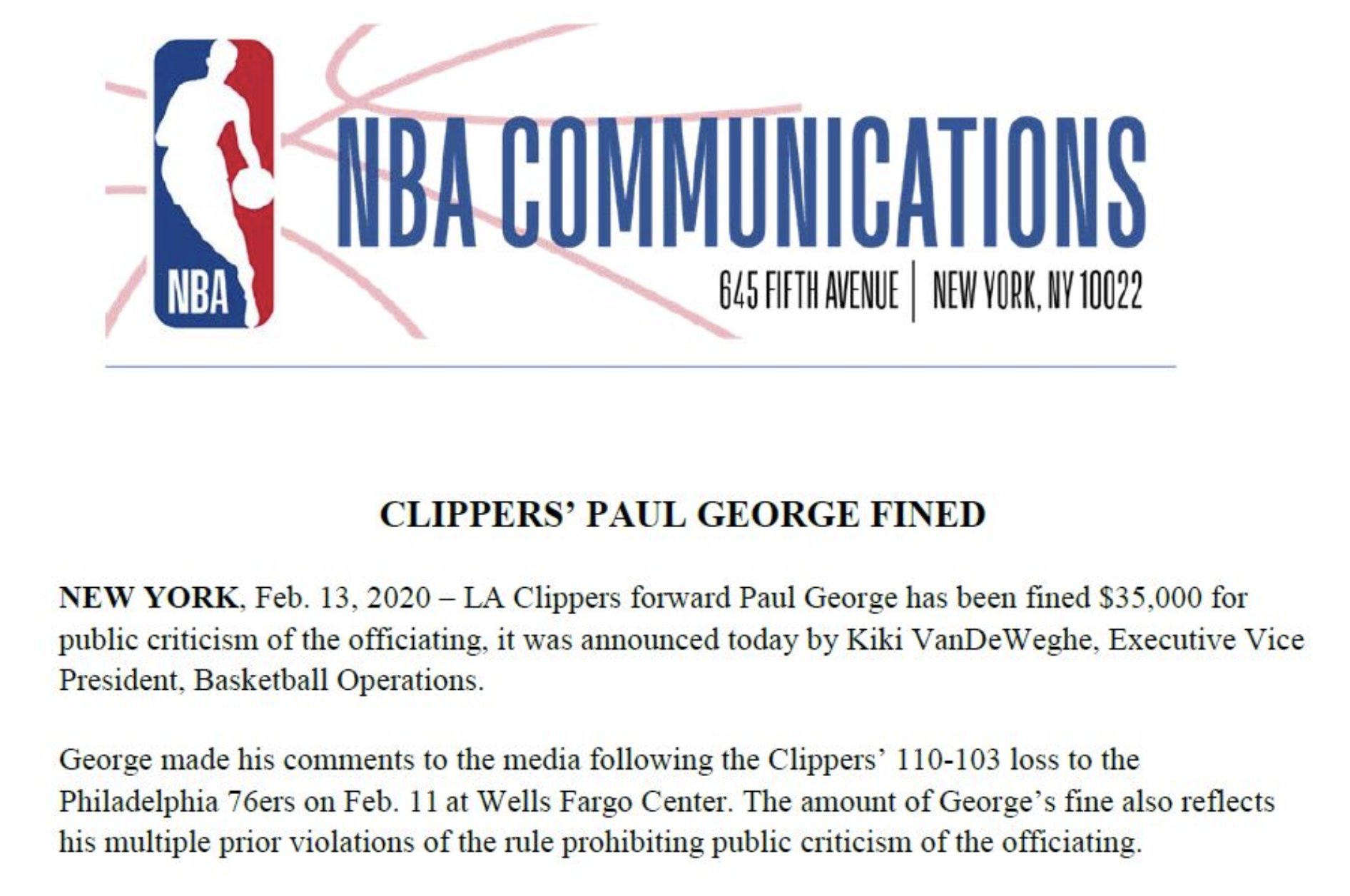 LA Clippers' Paul George fined for criticism of officiating
