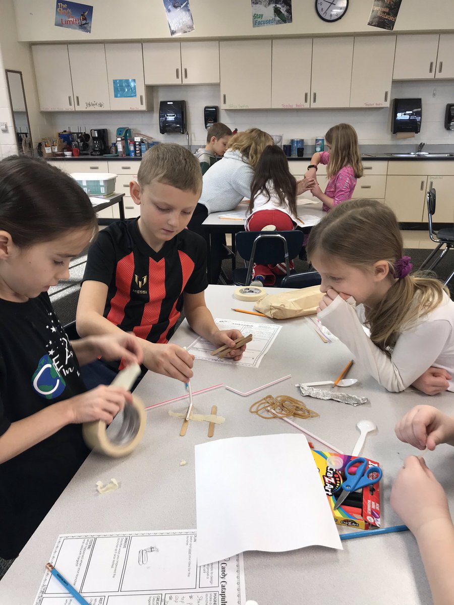 wells2clancy's tweet photo. Working collaboratively to design, create, and test Candy Catapults. https://t.co/InmlLXexu1