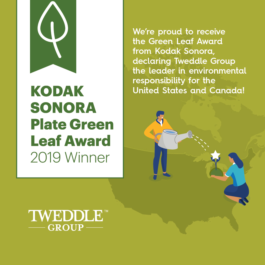 TweddleGroup's tweet image. We received top honors in @KodakPrint's 2019 Green Leaf Awards! Thank you, Kodak, for recognizing Tweddle Group's sustainability commitment.
.
.
.
#TweddleGroup #KodakSonora #GreenLeafAward #Sustainability