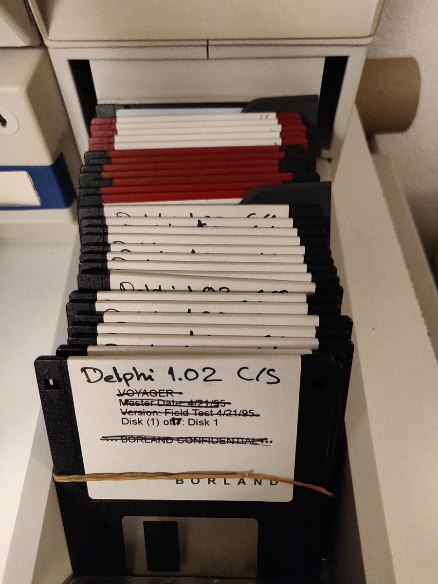 jpluimers's tweet image. Some #delphi25 pictures.

I gave away the big box with D1 C/S on floppies away a long time ago to help a friend getting started with it.

It has since then be recycled: the virtue of moving to smaller places.

So from my own archive some disks including the &quot;Fabolous Fonts&quot;.