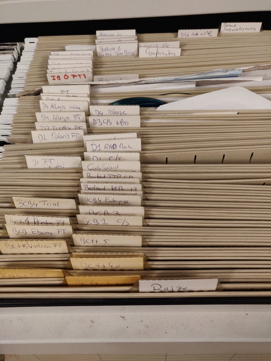 jpluimers's tweet image. Some #delphi25 pictures.

I gave away the big box with D1 C/S on floppies away a long time ago to help a friend getting started with it.

It has since then be recycled: the virtue of moving to smaller places.

So from my own archive some disks including the &quot;Fabolous Fonts&quot;.