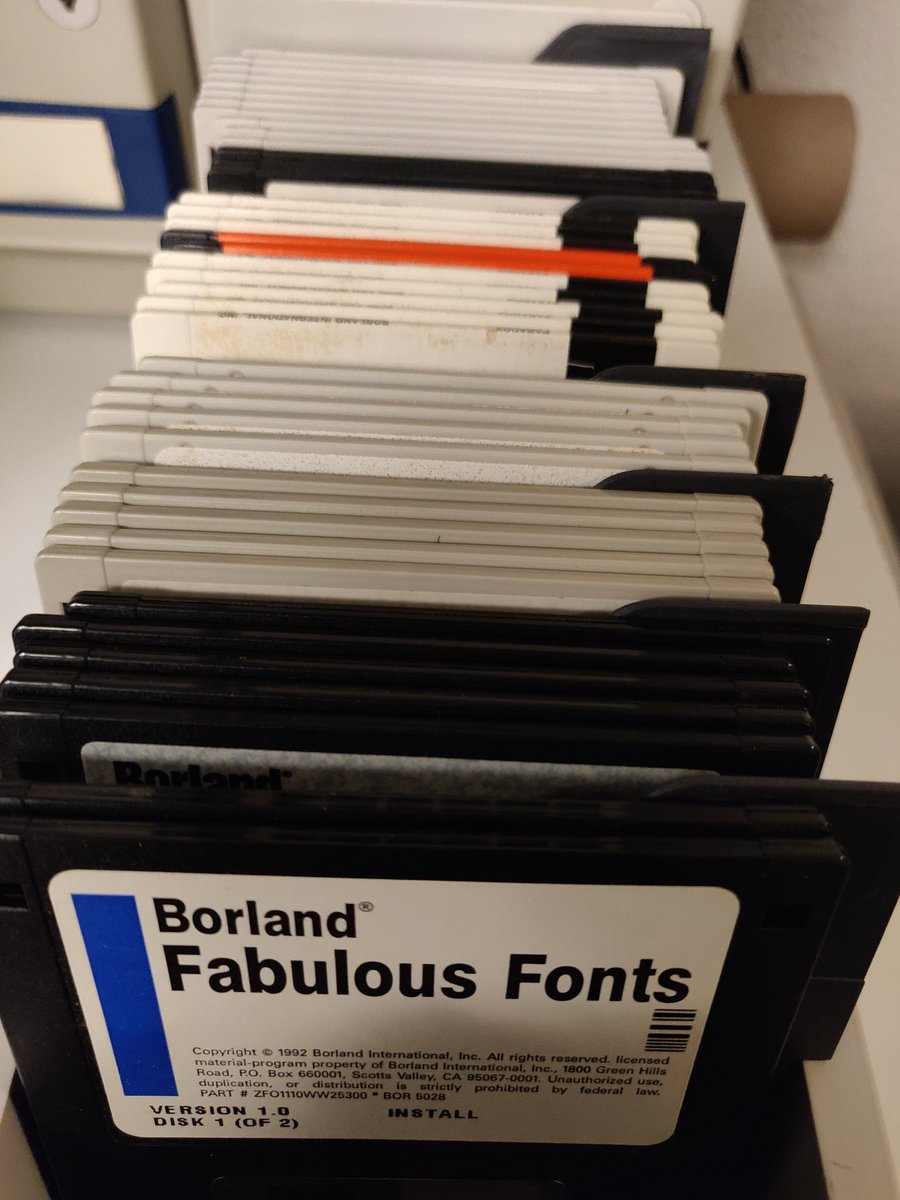 jpluimers's tweet image. Some #delphi25 pictures.

I gave away the big box with D1 C/S on floppies away a long time ago to help a friend getting started with it.

It has since then be recycled: the virtue of moving to smaller places.

So from my own archive some disks including the &quot;Fabolous Fonts&quot;.