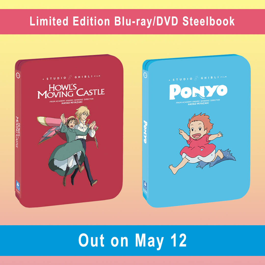 GKIDSfilms's tweet photo. 🚨Just announced!
Two classics from Hayao Miyazaki and #StudioGhibli - HOWL’S MOVING CASTLE and PONYO - are each coming out on a Limited Edition Blu-ray/DVD SteelBook on MAY 12! 

✨ Pre-order:
#HowlsMovingCastle: https://t.co/X8KxEJko5I
#Ponyo: https://t.co/KDsReg3ndH https://t.co/G4wqS1z9UY