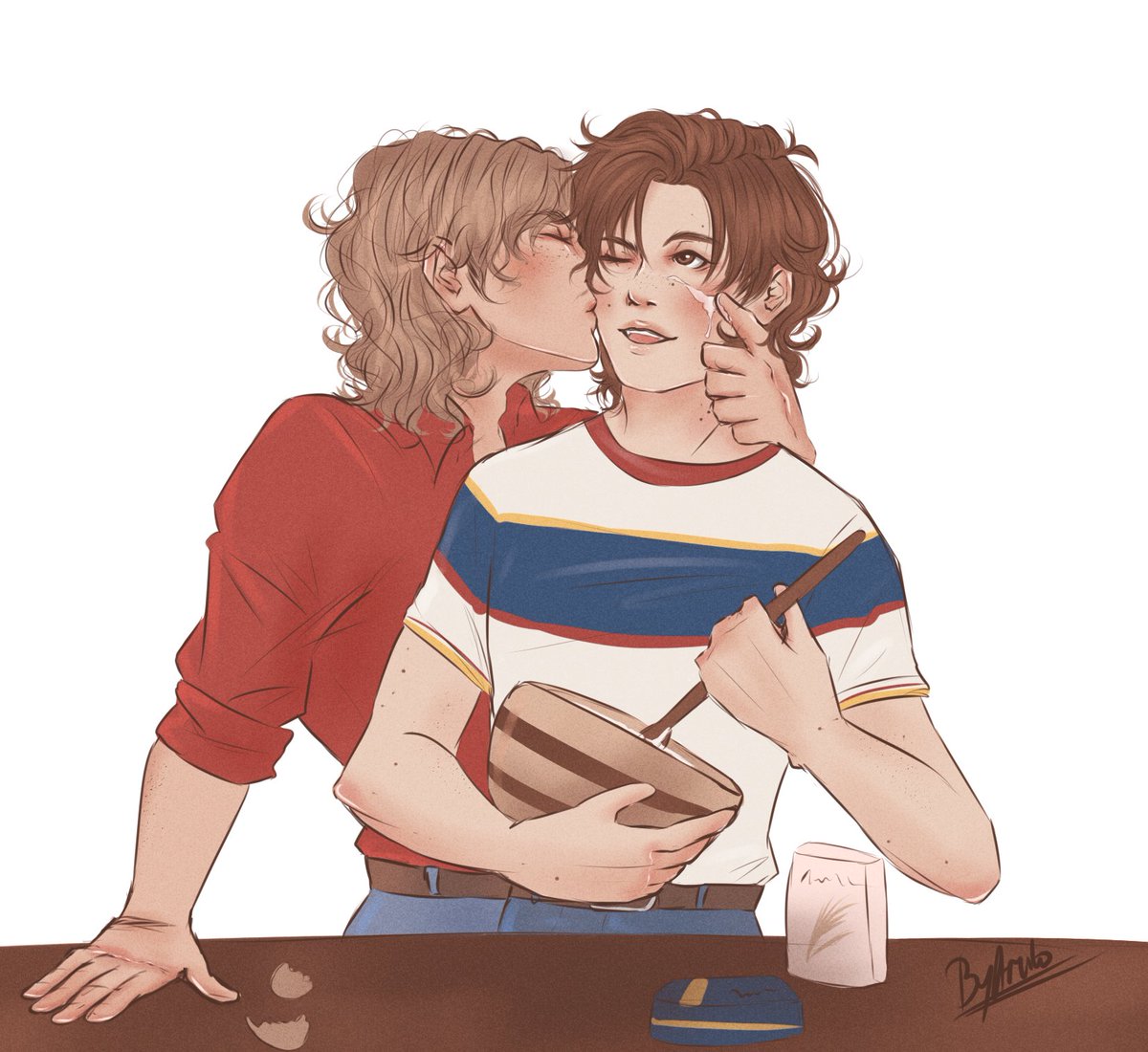 harringrove week of love day 4 - 'Cream pie' ;) It was also a piece for  'catharrington' on tumblr for Harringrove for Australia.I laughed a lot  when I saw it.Enjoy boys trying, image size:1200x1100
