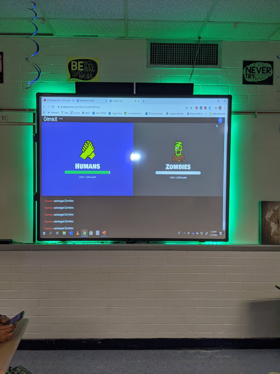 GriggsatBarbe's tweet photo. My class is so competitive, we broke Humans vs. Zombies on @gimkit! Now we are seeing how low the Zombies' health can go. They are at -1276 so far! https://t.co/C7wPlGY3OH
