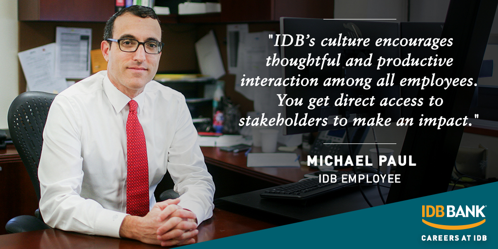 idb_bank's tweet photo. #IDB's #culture encourages thoughtful and productive interaction among all #employees. You get direct access to stakeholders to make an impact." - Michael Paul

Learn more: https://t.co/tcNd4kjfmI

#IDBCareers #jobs #bankingjobs https://t.co/1AyuaGRnhl