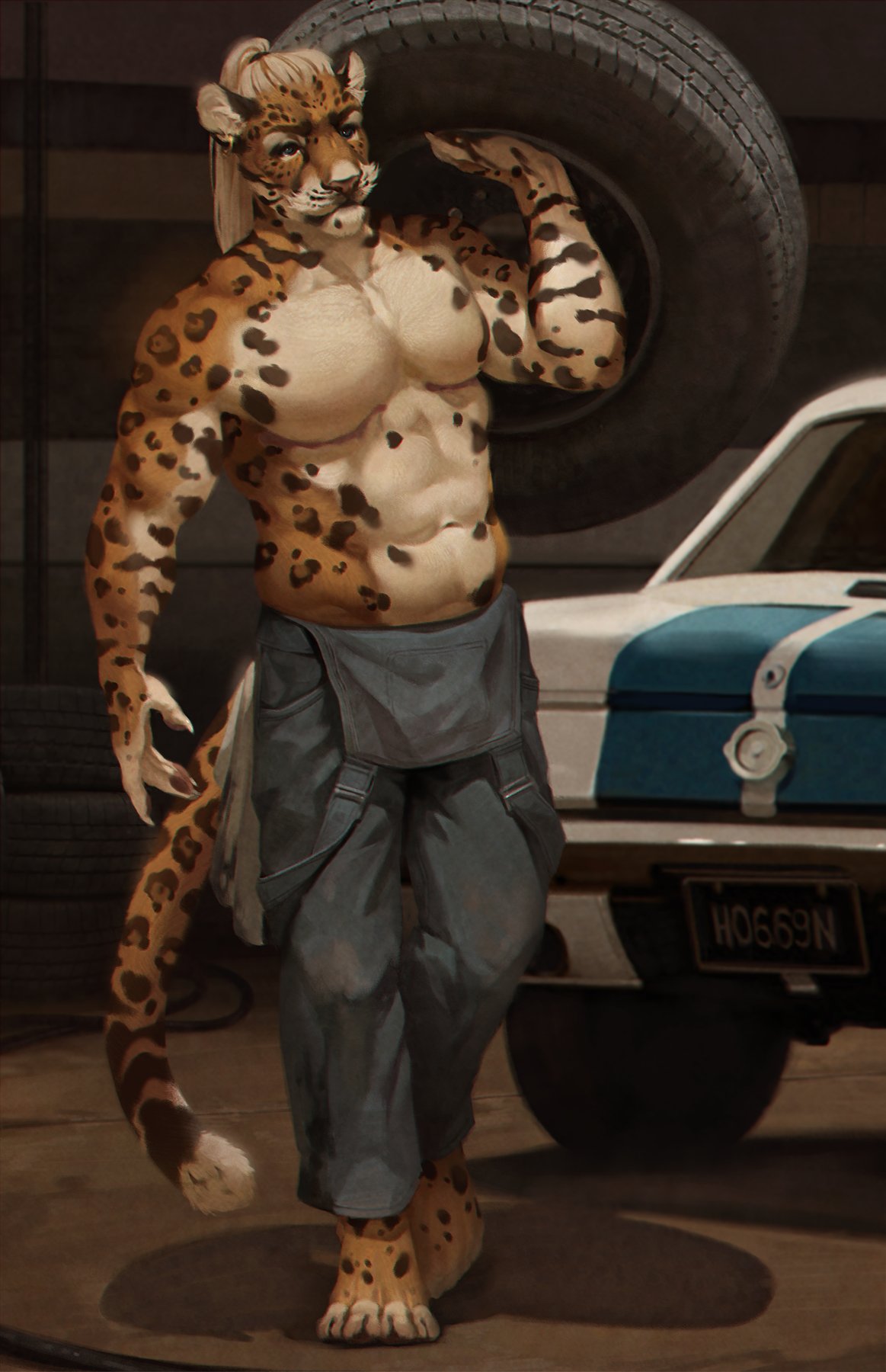 A muscular anthropomorphic jaguar, nude from the waist up, in blue overalls carrying a tyre over his shoulder