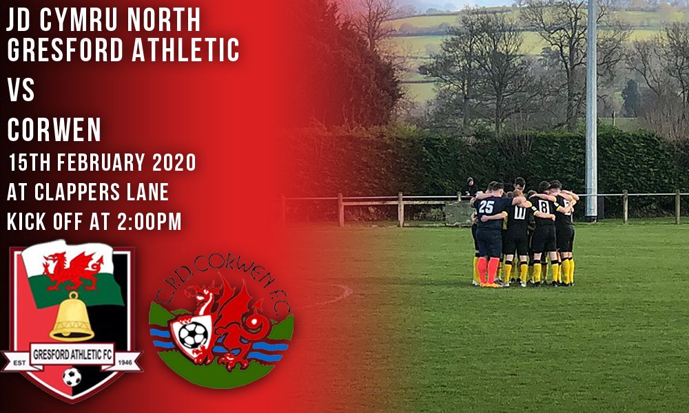 GresfordFC's tweet photo. #JDCymruNorth: Tomorrow, @GresfordFC look to bounce back at @ClapperslaneG against @CorwenFC on matchday 26 of the 2019/20 JD Cymru North season.

#GRECOR

With @WrexhamBrick, @SGEstatesUK and @ELMHair_Beauty https://t.co/nV5QOEQwSf