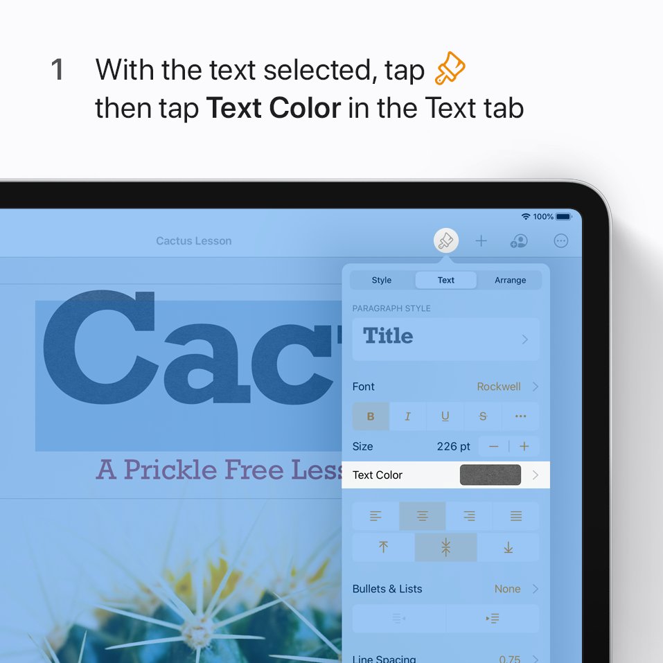 Step 1: With the text selected, tap the Format button. Then tap Text Color in the Text tab.