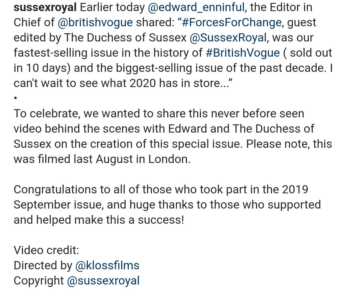 AvsRoyalSussex's tweet photo. Congratulations to all of those who took part in the 2019 September issue, and huge thanks to those who supported and helped make this a success!
#MeghanMarkle #DuchessofSussex #DuchessMeghan #MeghansMagic #MeghanEffect
Video credit:
Directed by @klossfilms
SussexRoyal ©️ https://t.co/SWMIb8UXqo
