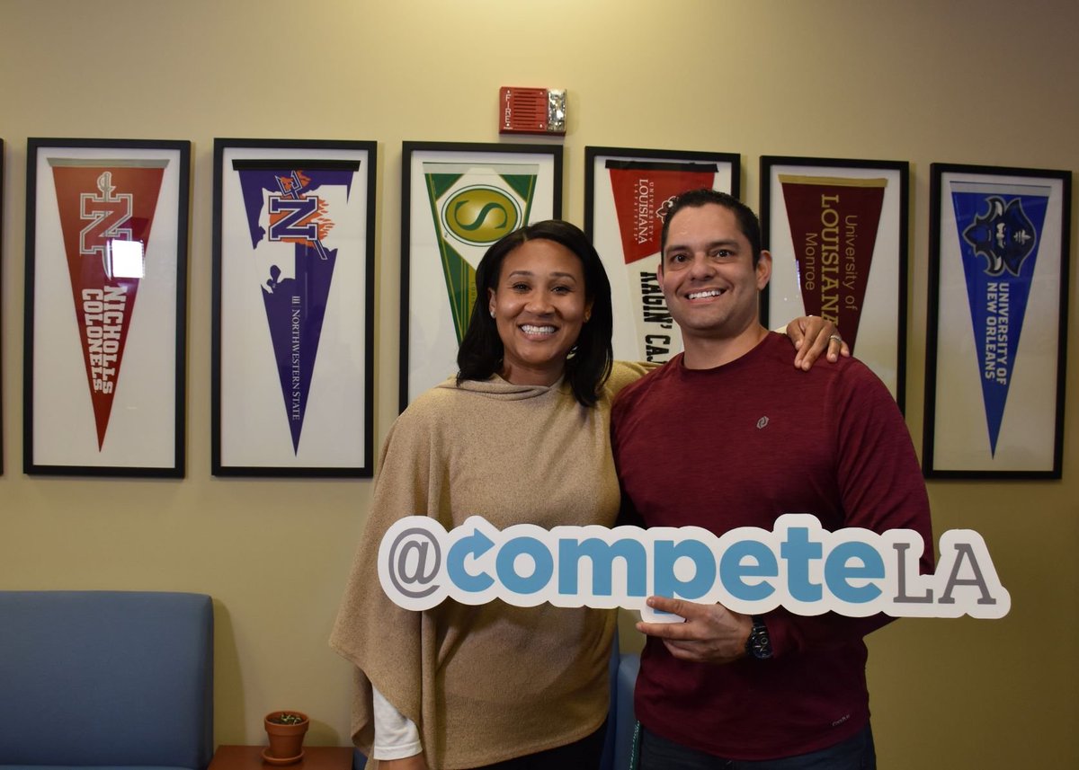 Compete_LA's tweet photo. Coach Claire and #CompeteLA student Thomas got to meet in person today. After tackling a few hurdles together, he's set to graduate from @oursoutheastern in May! Just one semester is making the difference for Thomas. #LionUp https://t.co/XWs3Sx452W