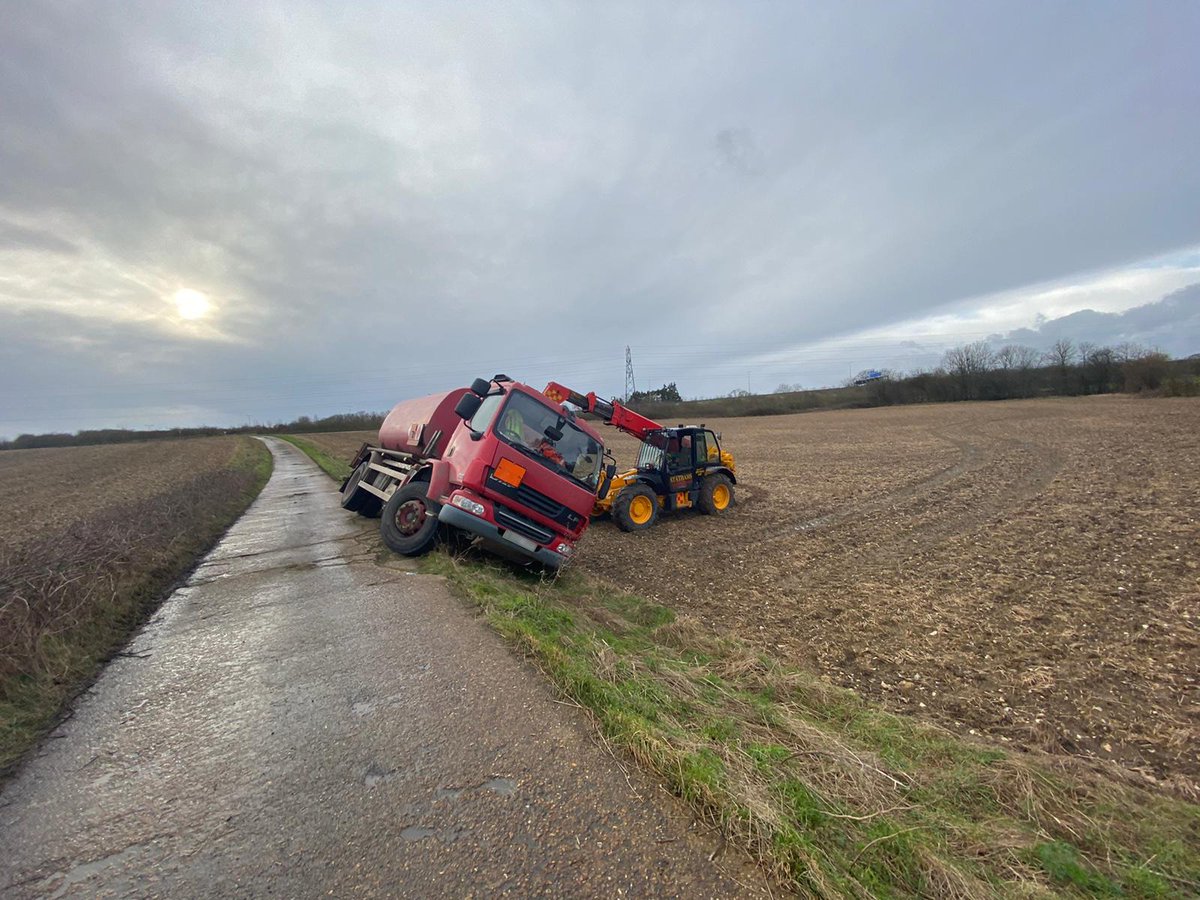 A great off road recovery pic! This vehicle was loaded with fuel, so specialist ADR recovery was required. Our JCB telehandler was used to secure the vehicle so it didn't tip over. 
If you ever find yourself in this situation get in touch 
 stathamsrecovery.co.uk