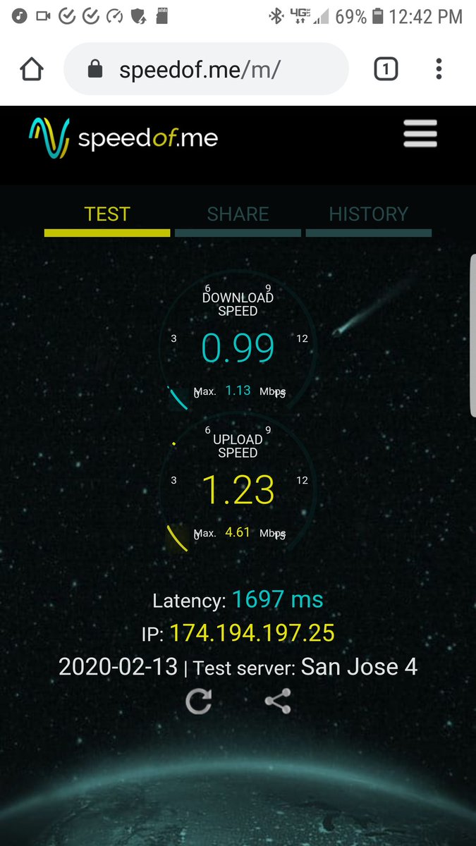 rbrutonIII's tweet photo. @verizon real world speed results from the middle of silicon valley. 

Your advertised data speeds are demonstrably false.  

Wonder if this is what the Santa Clara firefighters experienced when Verizon screwed them over? https://t.co/xiJ8h86K3p