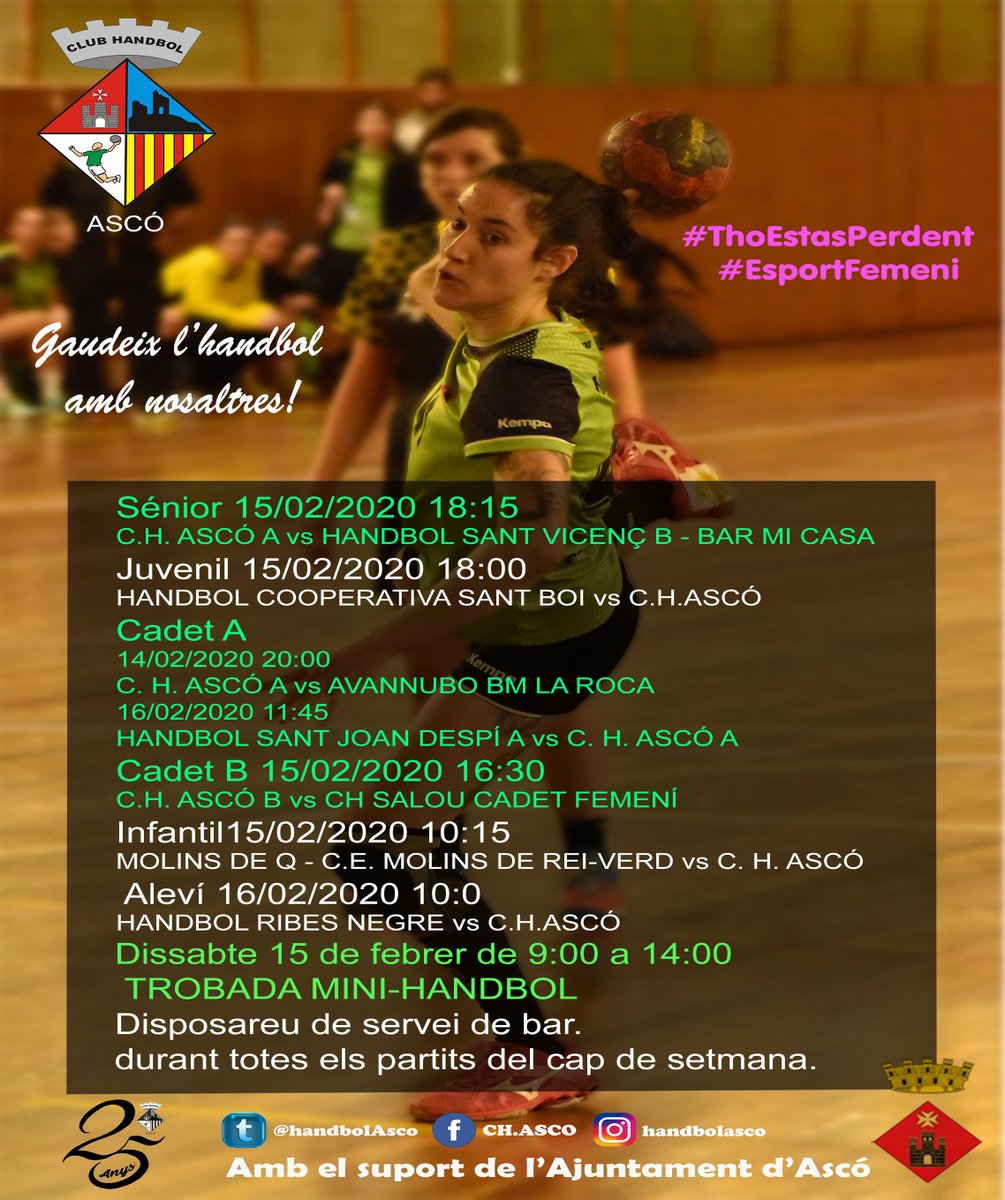 Partits d'aquest cap de setmana. Recordeu que dissabte farem la trobada de mini-handbol al nostre pavelló i que durant tots els partits que es disputaran de divendres a diumenge disposeu de servei de bar.